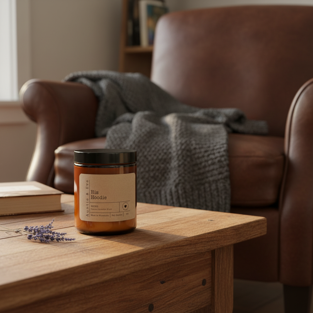 His Hoodie Soy Candle in cozy setting